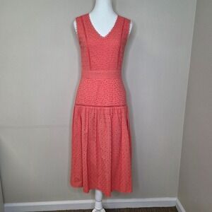 Draper James Coral Eyelet Midi Dress Cotton V-Neck‎ Sleeveless Summer Size 2